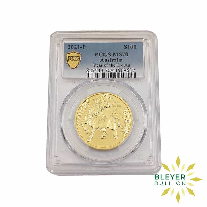 1oz Gold Australian Lunar Ox Coin PCGS MS70, 2021 (Pre-Owned)